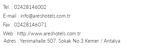 Ares Hotel Kemer telefon numaralar, faks, e-mail, posta adresi ve iletiim bilgileri